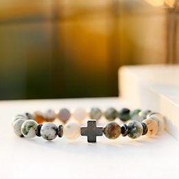 Strand Classic Natural Green Marble Stone Beaded Bracelet Women Ethnic Cross Hematite Yoga Jewelry Homme