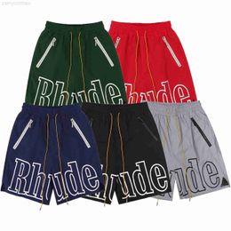 Men's Shorts 23SS RHUDE Shorts Men Women Casual Mesh Leather Embroidered Shorts RHUDE Nylon Mesh Drawstring Zipper shorts high-quality