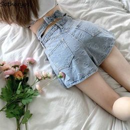 Women's Shorts Denim Shorts Women Vintage Embroidery Hearts Hot Sweet Summer Female Bow Y2k High Waist Kawaii Design Streetwear Korean Style Z0505