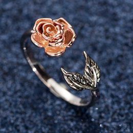 Band Rings Vintage Red Rose Flower leaf Adjustable Finger Wedding Rings for Women Silver Colour Zircon Open Ring Glamour Jewellery Girl Gift