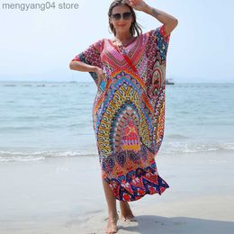 Women's Swimwear Beach Dress Women Vintage Print Short Sleeve Female Robe Loose Casual Beach Cover Up Boho Quick Dry Fabric Dress Vacation Gear T230505