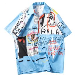 QNPQYX Mens Hip Hop Shirts Streetwear Hawaiian Shirt Graffiti Print Beach Tops Summer Thin Tops Short Sleeve Male Clothing
