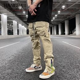 Pants Streetwear Patchwork Cashew Flower Print Cargo Pants Men Women Hip Hop Functional Pocket Side Zipper Cargo Trouser Black Khaki