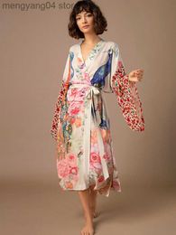 Women's Swimwear Beach Kimono for Women Peocock Printed Swimsuit Cover Up Self Belted Wrap Dresses Seaside Bathing Suits Beachwear T230505