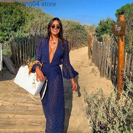 Women's Swimwear 2021 Summer Dot print White Beach Cover up dress Tunic Long Pareos Bikinis Cover ups Swim Cardigan Cover up Robe Plage Beachwear T230505