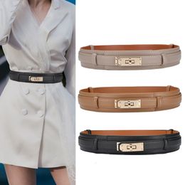 Belts Gold Lock Ladies Leather Belt Luxury Design Fashion Casual Versatile Dress Girdle Corset Gothic Korean High Quality Brand 230505