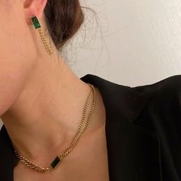 Chains Stainless Steel Thick Cuban Chain Emerald Necklace Bracelet Earrings For Women Trendy Gold Color Geometric Punk Hip-Hop Jewelry