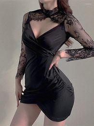 Casual Dresses Hollow Out Long Sleeve Mini Dress Fairy Clothes Korean Tops Sexy Elegant V-neck Lace Splicing Mesh Irregular Y290