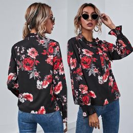 Women's Blouses Women Autumn Puff Long Sleeve Chiffon Blouse Elegant Bow Tied Neck Floral Printed Shirts Shirred Ruffle Cuffs Casual Loose