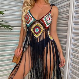 Women's Swimwear CROCHET BIKINI Boho Cover Up Sexy Hollow Fringe Hem Beach Dress 2023 Summer Women Bathing Suits Beachwear Tunics Skirt 230504