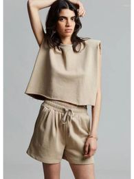 Women's Tanks Women Tops 2023 Summer Cotton Solid Colour Row Edge Sleeveless Top Elastic Waist Shorts Casual Sports Suit