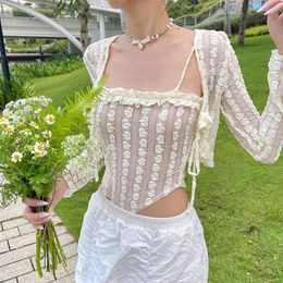 Women's T Shirts French Cardigan Camisole 2 Pieces Women Sweet Square Neck Long Sleeve Crop Tops Slim Tank Top Vest Set 2023 Summer Female