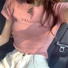 Women s T Shirt Women Short Sleeve Top Pure Ladies T shirt Brand Letter Summer Embroidered Clothing Slim Cotton Color Fashion Round Neck 230505