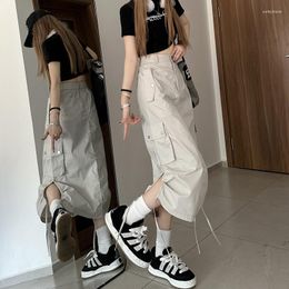 Skirts Chic Pockets Cargo Skirt For Women Summer Streetwear High Waist Split Long Lady Casual Solid Colour