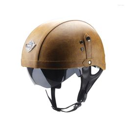 Motorcycle Helmets Rider Half PU Dual Lens Leather Retro Helmet Visor Led Open Face
