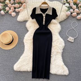 Casual Dresses Chic Sexy Elegant Crochet Bodycon Midi Dress V Neck Turn Down Collar Slim Wrap Pencil Dress Korean Fashion Women Vestido New Y2k 230505