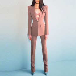 Women's Two Piece Pants Pant Sets Office Trousers Suit Pantsuits Blue Drill Diamonds Collar Single Button Pencil Pieces