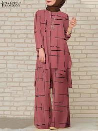 Jeans Women Casual Long Sleeve Blouse Pants Suits Two Piece Sets ZANZEA Fashion Muslim Sets Outifits Vintage Floral Print Matching Set