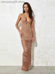 Women's Swimwear Sexy Strap V-neck White Crochet Hollow Out Lace-up Fringed Tunic Swimsuit Cover-ups Summer Mesh Strappy Beach Slip Dress A2312 T230505