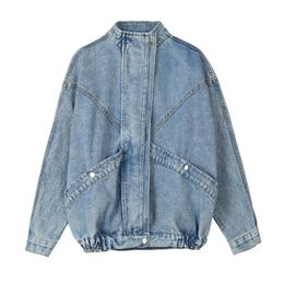 Women's Jackets Women Blue Denim Jacket Mandarin Collar Long Sleeve Solid Loose Oversize Chaqueta Mujer 230505