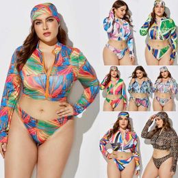 Swimsuit Sexy Print Bikini Plus Size Split Headband Tie Waist Triangular Binder Three Piece Set