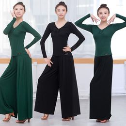 Stage Wear Latin Dance Wide Leg Pants Shirt Sets Green Black Tango Trousers Cha Cha/Salsa/Rumba/Ballroom Modern Costumes Yoga