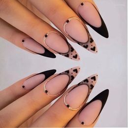 False Nails 24pcs Long Stiletto Matte Black French Gold Lines Rhinestones Designs Wearable Fake Press On Nail Manicure Tip