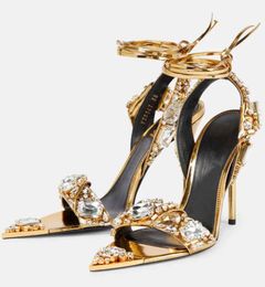 A Quality Women sandal Crystal rhinestone high heel sandals ankle strap Mirror leather studded crystal stones pointy toe jewel Ankle-Tie Stone Stud Evening pumps T-F