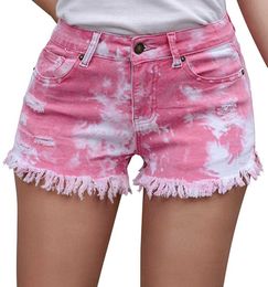 Women's Shorts Women Medium Waist Light Washed Tie Dyed Tassel Hole Denim Shorts Female Cut Out Super Shorts Nightclub Z0505