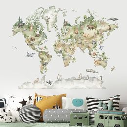 Wallpapers Watercolor World Map Animals Wildlife Wall Stickers Removable Vinyl Wall Decals Print Kids Room Playroom Interior Home Decor 230505