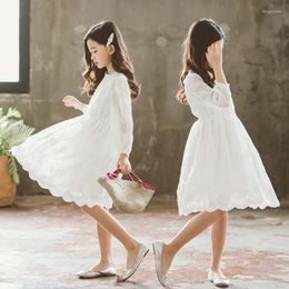 Girl Dresses Spring White Flower Tutu Dress Wedding Tulle Long Sleeve Girls Lace Robe Demoiselle Rose Fille Kids CA744