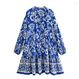 Casual Dresses Woman Elegant Navy Blue Print Shirt Short Dress 2023 Spring Female National Style Ruffles Ladies Loose Mini