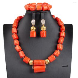 Necklace Earrings Set Natural Coral Beads African Wedding Jewellery Lady's Short And Bracelet Suit Nigeria Women Party Free Ship