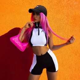 Women's Tracksuits Women Two Piece Set Color Block Crop Top Shorts Summer Short Sleeve Zipper Sexy Joggers Biker Outfit For Woman