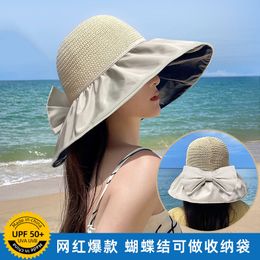 Summer Large Brim Sunshade Straw Hat and Bucket Hats with Folding Pockets for Storaging and Sun Protecting