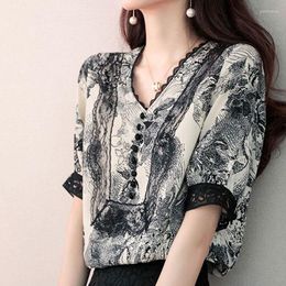 Women's Blouses Vintage Ink Painting Printed Shirt Women's Clothing Elegant V-Neck Lace Spliced Commute Summer Fashion Button Straight