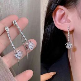 Hollow Out Rose Zircon Long Thread Tassel Drop Earrings For Female Light Luxury Pendant Earrings Hook Beach Party Jewelry Gift