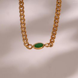Choker 2023 Shiny Cuban Chain Green Oval Stone Pendant Gold Plated Necklaces For Woman Stainless Steel Necklace