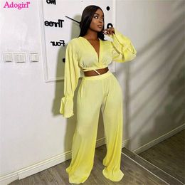 Women's Two Piece Pants Adogirl Solid Pleated 2 Sets Women Autumn Outfits Lace Up V Neck Long Flare Sleeve Blouse Crop Top Wide Leg Suits 230504