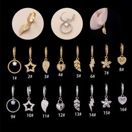 Popular Male Pentagram Love Flower Huggie Hoop Earrings Wing Pentagram Cubic Zircon Ear Buckle Earholes Single Piercing Ear Bone Ring European Bijoux For Girls