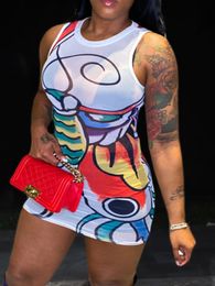 Plus size Dresses LW SXY Size Graffiti Print Bodycon Dress Mesh Sleeveless Mini Tank Stretch Bodyshaping White Vestidos 230504