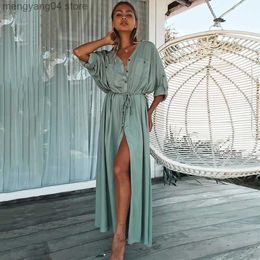 Women's Swimwear Sexy Summer Beach Robe Rayon Solid Color Kimono Long Cardigan Vacation Outing Tunics Beach Swimsuit Cover Up T230505