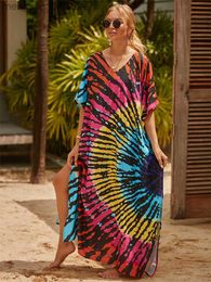 Women's Swimwear Elegant Tie-dye Beach Cover-ups Women Casual Loose Cotton Vacation Long Robe V Neck Bohemian Print Dress Sun Protection Clothing T230505