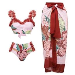 Three Piece Set Swimsuit Customized Printed Steel Bracket Push Up Fashion Petals Gauze Skirt For Women