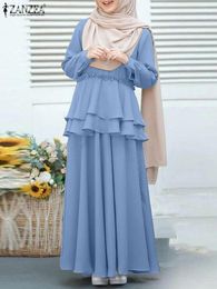 Jeans ZANZEA Autumn Woman Muslim Set ONeck Long Sleeve Blouse And Ankle Length Oversized Skirts Elegant Party Vintage Abaya Suit 2023