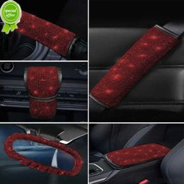 New Bling Women Grils Car Accessories Handbrake Gear Shift Rearview Mirror Armrest Cover Shoulder Pad Red Rhinestone Decoration Set