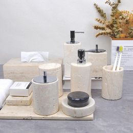 Bath Accessory Set Beige Travertine Bathroom Accessories Sets Wabi Sabi Soap Dispenser Storage Container Dish Candlestick Tray Kit