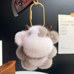 Cute Real Genuine Mink Fur Cow Keyring Handbag Purse Car Phone Pandent Gift