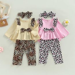 Clothing Sets 2023-11-04 Lioraitiin 0-18M Infant Born Baby Girl 3Pcs Autumn Long Sleeve Solid Shirt Top Leopard Pants Headband