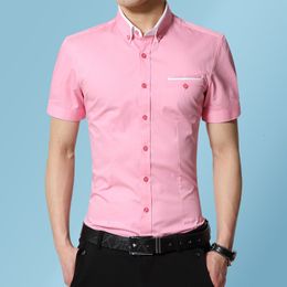 Men's Casual Shirts Summer Classic Style Men's Solid Color Short Sleeve Casual Shirt Fashion Business White Pink Slim Shirt Male Brand Clothes 230505